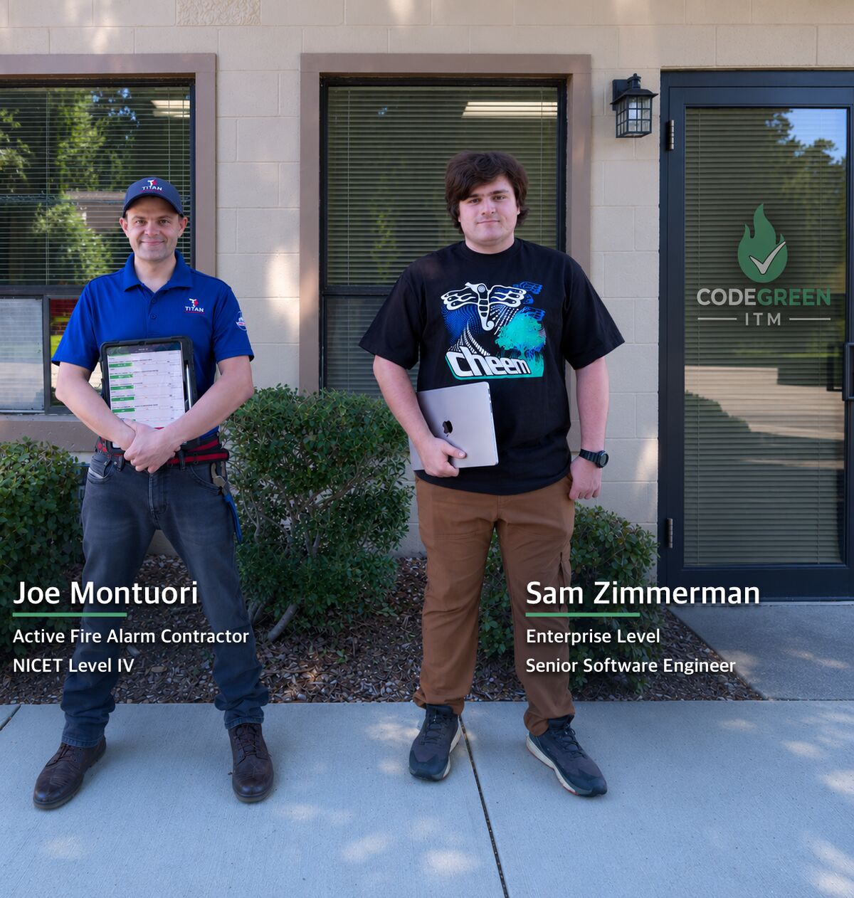 Joe Montuori, fire alarm contractor and NICET Level IV, holding an inspection tablet, next to Sam Zimmerman, senior software engineer, holding a laptop, outside the CodeGreen ITM office in Madison, Connecticut
