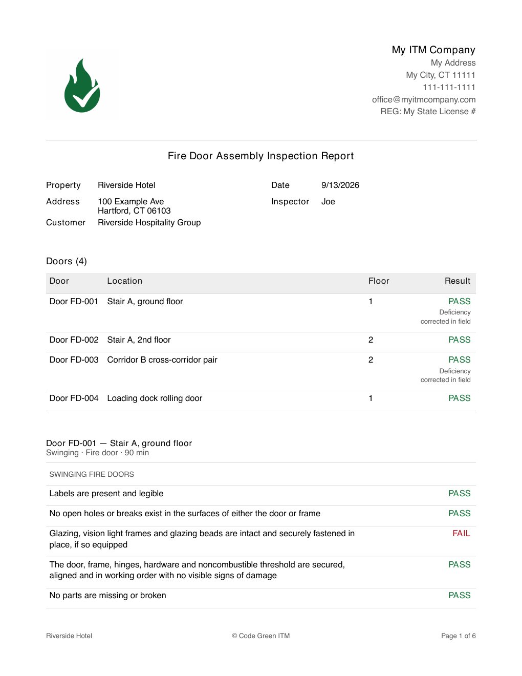 First page of the sample fire door report