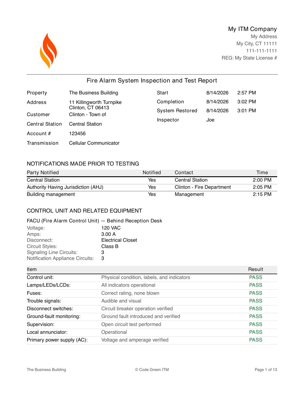 First page of the sample fire alarm report