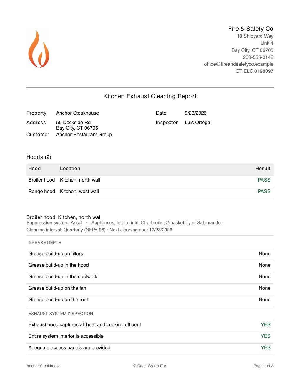First page of the sample kitchen exhaust cleaning report