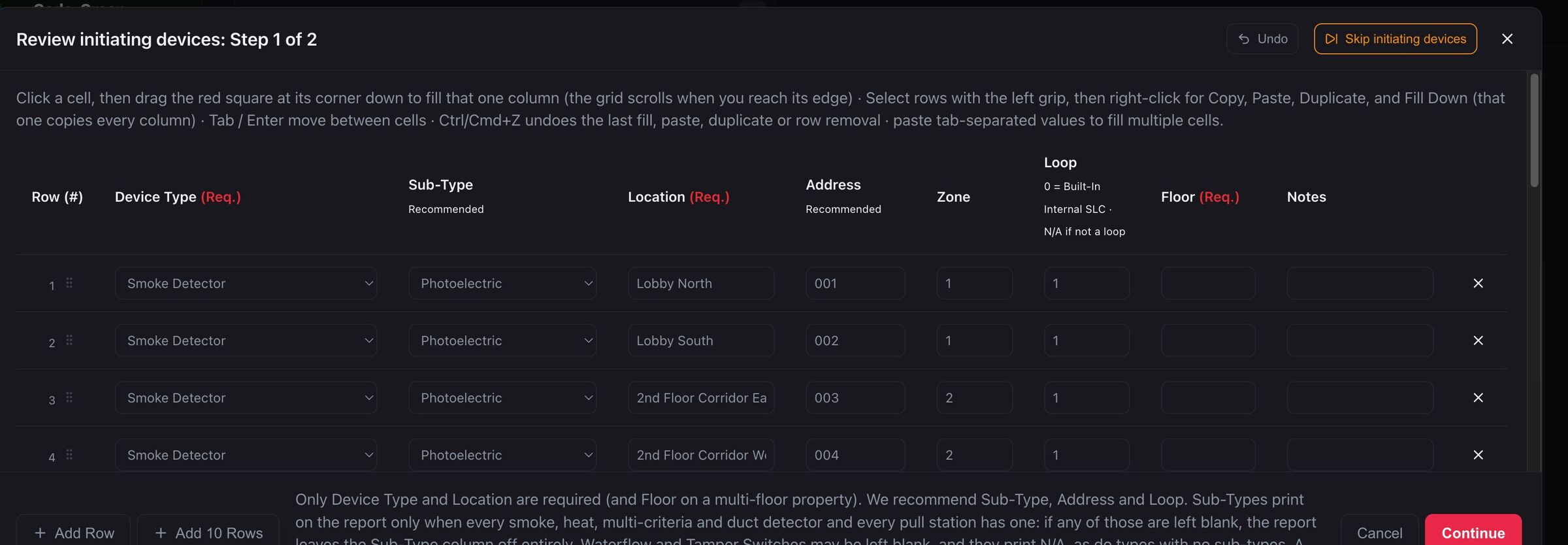 The review grid with each row mapped to a device type, sub-type, location, address and loop