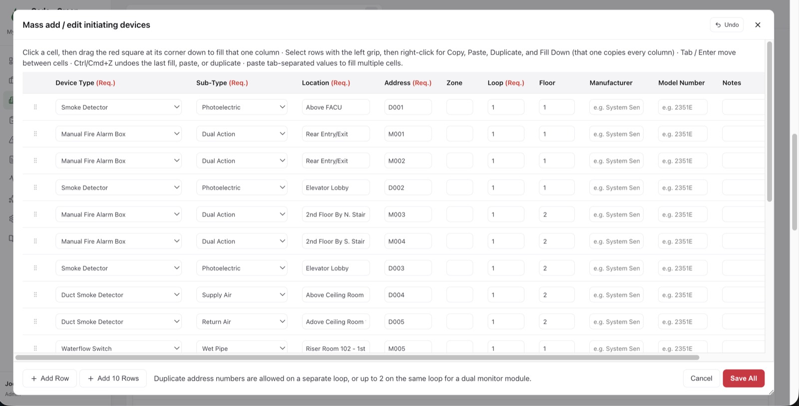 The mass entry grid in the CodeGreen ITM office app
