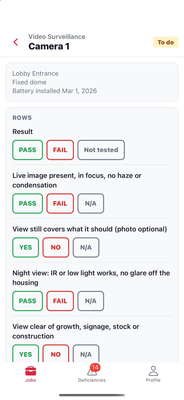 A camera on the phone: live image, focus, view coverage and night view checks, with the wireless battery's installed date