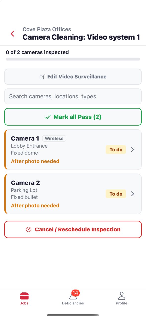 A camera cleaning visit on the phone: two cameras listed, each marked After photo needed, with Mark all Pass