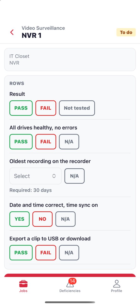 A video surveillance inspection on the phone: the NVR's result, drive health, oldest recording against 30 days required, time sync and clip export