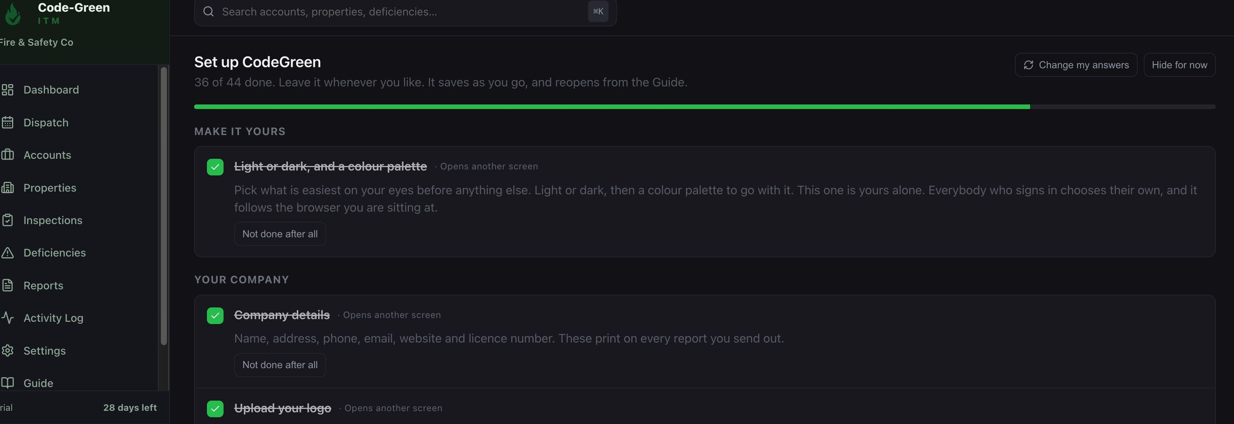 The setup checklist in the office app, showing progress through appearance, company details, logo and the rest